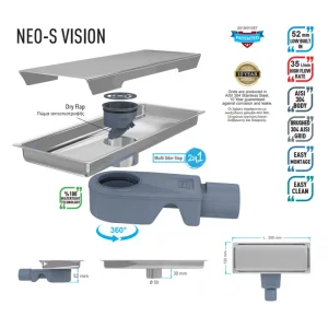 Κανάλι Ντουζιέρας Ανοξείδωτο Χρωμέ 12x30cm Με Αναστρεφόμενη Φ40 Σχάρα Neo-S Vision DU-250150 DuscheLine - Image 2