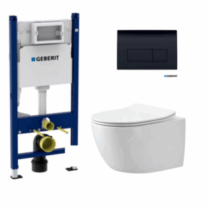 Geberit Delta Duofix 111.153.00.1 Εντοιχιζόμενο Καζανάκι Γυψοσανίδας 12cm + Πλακέτα Geberit Delta 50 Μαύρη + Λεκάνη Hanne Reme L500
