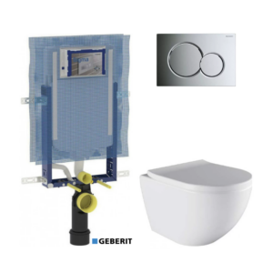 Geberit Sigma 110.794.00.1 Εντοιχιζόμενο Καζανάκι Μονού Τούβλου 8cm + Πλακέτα Geberit Sigma Chrome Γυαλιστερή+ Λεκάνη Hanne Reme Tornado